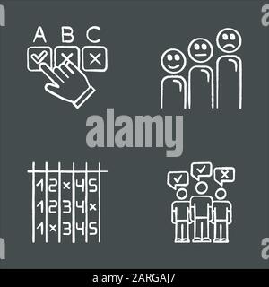 Survey chalk icons set. Choosing correct option. Customer satisfaction level. Positive and negative emoticons. Select number. Checklist. Mass poll. Vo Stock Vector