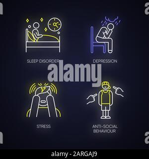 Mental disorder neon light icons set. Sleep deprivation. Depression and anxiety. Stress. Anti-social behaviour. Migraine. Teenager harassment and bull Stock Vector