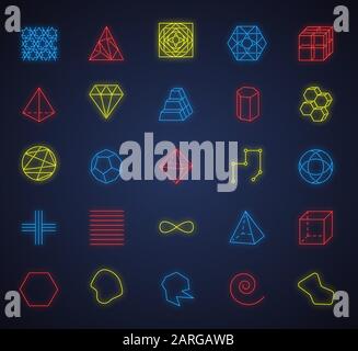 Geometric figures neon light icons set. Squares, circles, triangles. Double pyramid. Prism models. Abstract shapes. Isometric forms with lines and cur Stock Vector