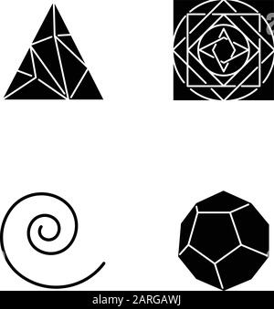 Geometric figures glyph icons set. Polygonal triangle. Solid square. Swirls, curved stokes. Abstract shapes. Filled dodecahedron. Isometric forms. Sil Stock Vector