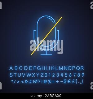 Microphone forbidden neon light icon. Sound recorder error. Recording prohibited. Voice speaker installation mistake. Glowing sign with alphabet, numb Stock Vector