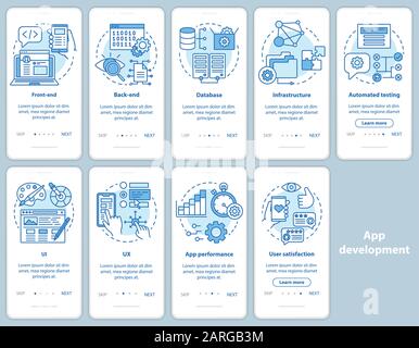 Application development onboarding mobile app page screen vector template. Software programming. Walkthrough website steps with linear illustrations. Stock Vector