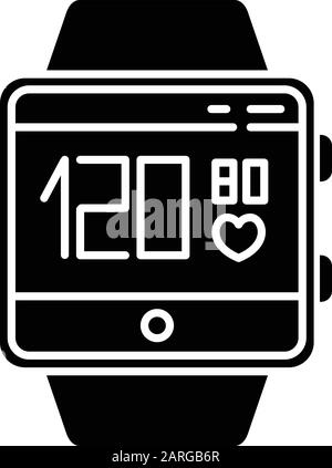 Blood pressure and heart rate tracking smartwatch function glyph icon. Fitness wristband. Measurements and indicators of health. Silhouette symbol. Ne Stock Vector