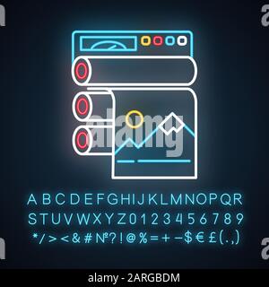 Publishing industry neon light icon. Printing equipment. Industrial paper press. Machinery to produce polygraphy. Glowing sign with alphabet, numbers Stock Vector