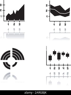 Chart and graph drop shadow black glyph icons set. Radial diagram with increasing values. Area charts with segments. Vertical scatter histogram. Busin Stock Vector