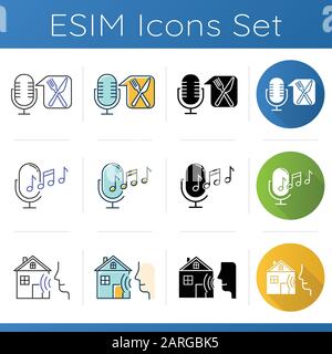 Remote control system icons set. Virtual assistance tools. Microphones, speaker. Speech recognition. Smart home technology, food order. Linear, black Stock Vector