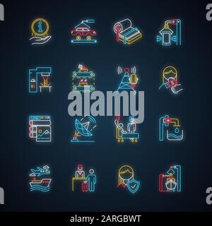 Industry types neon light icons set. News and media. Broadcasting. Shipbuilding. Publishing, pulp and paper production. Healthcare. Hospitality indust Stock Vector