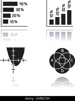 Chart and graph drop shadow black glyph icons set. Horizontal, vertical histogram with interest rates. Function curve. Venn diagram with indexes. Geom Stock Vector