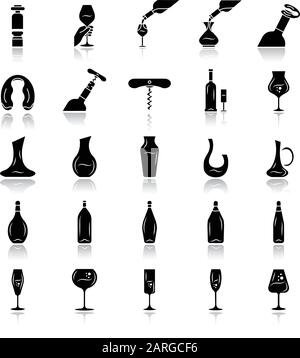 Wine and wineglasses drop shadow black glyph icons set. Different types of glassware and alcohol beverages. Decanters, bottles, barman tools. Aperitif Stock Vector