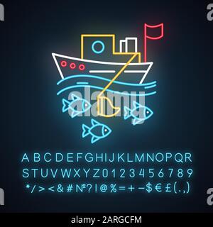 Fishing industry neon light icon. blue color icon. Fishery sector. Commercial fishing activity. Trawler in sea. Glowing sign with alphabet, numbers an Stock Vector