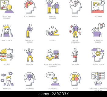 Mental disorder color icons set. Delusions, schizophrenia. Amnesia, insomnia. Bipolar disorder. Bulimia, anorexia. Autism spectrum. Obsessive-compulsi Stock Vector