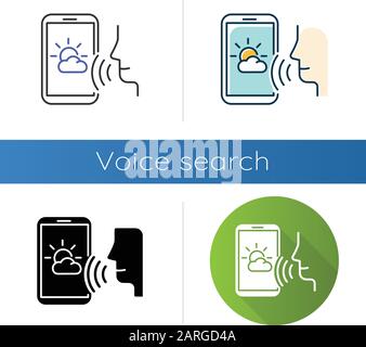Weather forecast voice search icons set. Smartphone sound command idea. Meteorology app, mobile application. Audio request. Linear, black and color st Stock Vector
