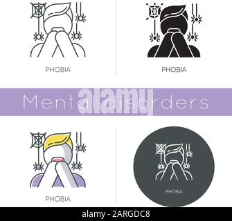 Phobia icon. Fear of spiders. Arachnophobia. Horror. Panic attack. Anxiety and distress. Psychotherapy. Mental disorder. Flat design, linear and color Stock Vector