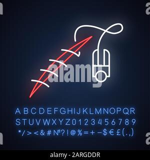 Stitching neon light icon. Suture device. Medical surgical procedure. Wound treatment. First aid. Injury. Health care. Glowing sign with alphabet, num Stock Vector