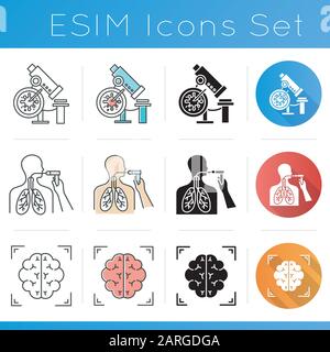 Medical procedure icons set. Infection test. Bronchoscopy. Brain scan. Neuroimaging. Healthcare. Blood examination. Flat design, linear, black and col Stock Vector