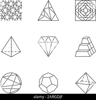 Geometric figures linear icons set. Abstract shapes. Isometric forms. Polygonal triangle. Prism model. Double pyramid. Thin line contour symbols. Isol Stock Vector
