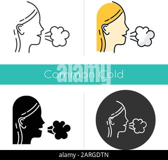 Girl cough icon. Common cold. Influenza virus. Flu symptom. Grippe. Respiratory disease. Allergy. Healthcare. Sneeze. Tuberculosis. Flat design, linea Stock Vector