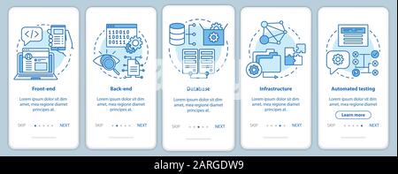 Software development onboarding mobile app page screen vector template. Application programming. Walkthrough website steps with linear illustrations. Stock Vector