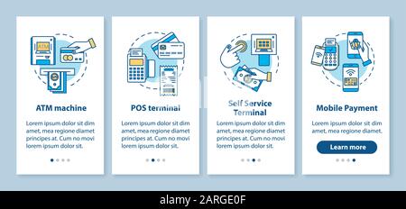 Payment onboarding mobile app page screen with linear concepts. ATM machine. POS and self-service terminals. Five walkthrough steps graphic instructio Stock Vector