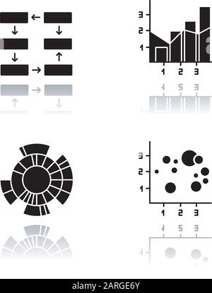 Chart and graph drop shadow black glyph icons set. Data connection and wiring. Process steps. Mixed chart. Sunburst radial diagram. Scatter bubble cha Stock Vector