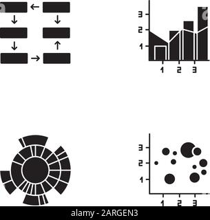 Chart and graph glyph icons set. Data connection. Process steps, progress stages. Mixed chart. Sunburst diagram. Scatter bubble chart. Business. Silho Stock Vector