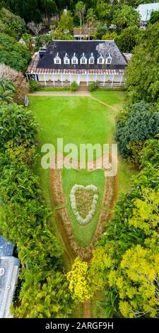 Heart shape in the ornamental gardens of Eureka La Maison Creole, colonial house, aerial view, Moka, Mauritius, Indian Ocean, Africa