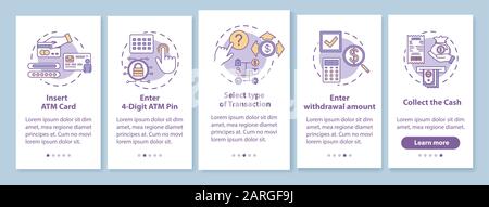 ATM instruction onboarding mobile app page screen with linear concepts. Select type of transaction. Five walkthrough steps graphic instructions. UX, U Stock Vector