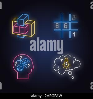 Puzzles and riddles neon light icons set. Sudoku. Puzzled mind. Problem solving process. Thought bubble. Mechanical puzzles. Logic games. Brain teaser Stock Vector