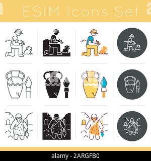 Archeology icons set. Excavation. Ancient artifacts. Amphora and goblet. Prehistoric man. Caveman with weapon. Flat design, linear, black and color st Stock Vector