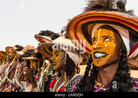 Wodaabe-Bororo men with faces painted at the annual Gerewol festival, courtship ritual competition among the Wodaabe Fula people, Niger Stock Photo