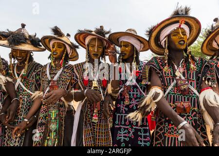 Wodaabe-Bororo men with faces painted at the annual Gerewol festival, courtship ritual competition among the Wodaabe Fula people, Niger Stock Photo