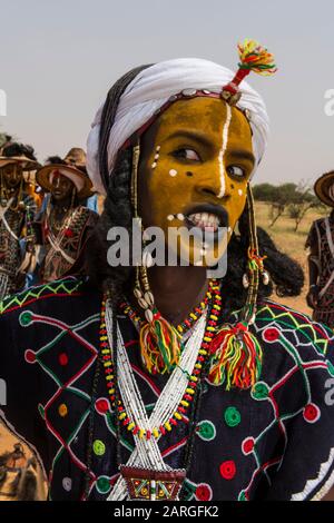 Wodaabe-Bororo man with face painted at the annual Gerewol festival, courtship ritual competition among the Wodaabe Fula people, Niger Stock Photo