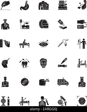 Medical procedure glyph icons set. Surgery. Endoscopy. Brain scan. First emergency aid. Blood test. Injury treatment. Vision correction. Pediatrics. S Stock Vector