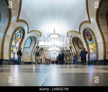Interior of Novoslobodskaya Metro Station, Moscow, Moscow Oblast, Russia, Europe Stock Photo