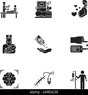 Medical procedure glyph icons set. Prosthetics. Ultrasound diagnostic. Pregnancy, pediatrics. Homeopathy. Blood test. Brain scan. Stitching. Dropper. Stock Vector