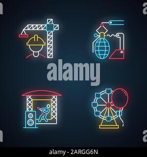 Industry types neon light icons set. Construction, arms, music, entertainment economy sectors. Goods and services production. Businesses activities. G Stock Vector