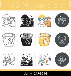 Archeology icons set. Marauding. Treasure hunt. Ancient artifact restoration. Lost cities and civilazation. Flat design, linear, black and color style Stock Vector