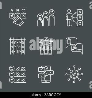 Survey chalk icons set. Choosing checkbox. Correct and wrong answer. Satisfaction level. Feedback. Select option. Mass survey. Online poll. FAQ sign. Stock Vector