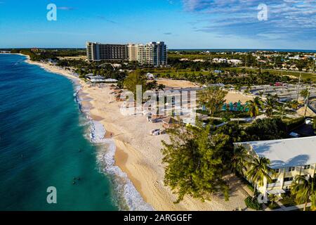 Aerial of the Seven Mile Beach, Grand Cayman, Cayman Islands, Caribbean, Central America Stock Photo