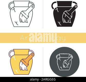 Restoration icon. Damaged greek amphora. Large vase, brush. Renewing ancient artifact. Antique item reconstruction. Flat design, linear and color styl Stock Vector