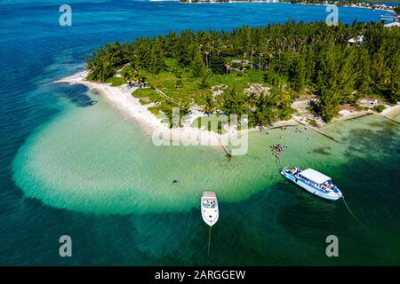 Aerial by drone of Starfish Point on Water Cay, Grand Cayman, Cayman Islands, Caribbean, Central America Stock Photo
