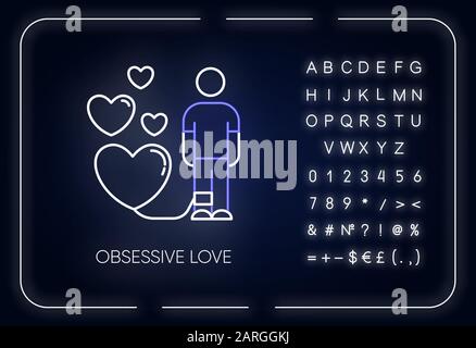 Obsessive love neon light icon. Possessive relationship. Attachment to lover. Compulsive affection. Mental disorder. Glowing sign with alphabet, numbe Stock Vector