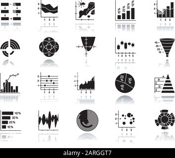 Chart and graph drop shadow black glyph icons set. Pie, Venn diagram. Horizontal, vertical histogram. Scatter, area chart. Pareto curve. Temperature m Stock Vector
