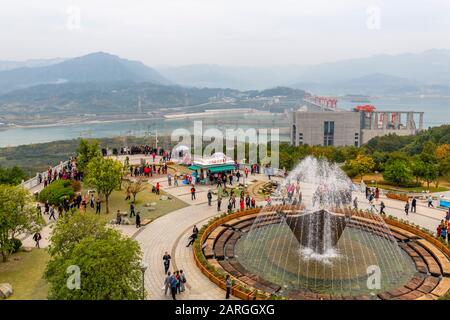 View of The Three Gorges Dam and visitors centre at Sandouping, Sandouping, Hubei, China, Asia