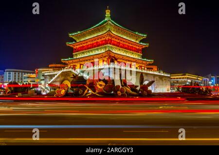 View of famous Bell Tower in Xi'an city centre at night, Xi'an, Shaanxi Province, People's Republic of China, Asia Stock Photo