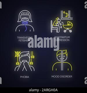 Mental disorder neon light icons set. Transvestic fetishism. Postpartum depression. Phobia. Panic attack. Mood disorder. Deviation and perversion. Glo Stock Vector