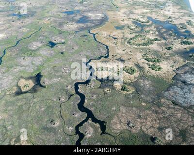 Aerial view of the Okavango Delta during drought conditions in early fall, Botswana, Africa