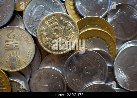 Close up picture of Indian rupee. Top view of indian currency coins. Stock Photo