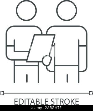 Oral survey linear icon. Two people Interviewing. Question and answer. Dialogue, talk. Recruiter with employee. Thin line illustration. Contour symbol Stock Vector