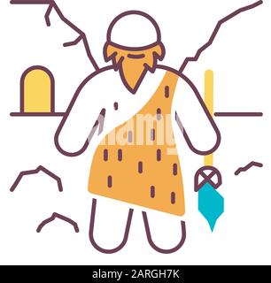 Caveman color icon. Prehistoric man with beard. Primeval hunter with spear. Neanderthal in old age. Ancestor standing with weapon. Ancient history. Ma Stock Vector